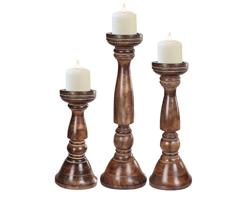 Light & Pro Farmhouse Wood Pillar Candle Holders Set of 3 - Tall Rustic Candle Holders for Home Decor, Centerpieces, and Weddings, Heights: 16", 14", 12" - Natural Burnt - Image 2